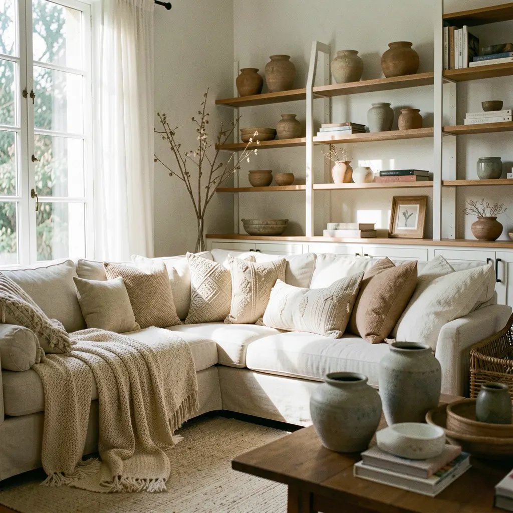 Professionally staged living room with natural light